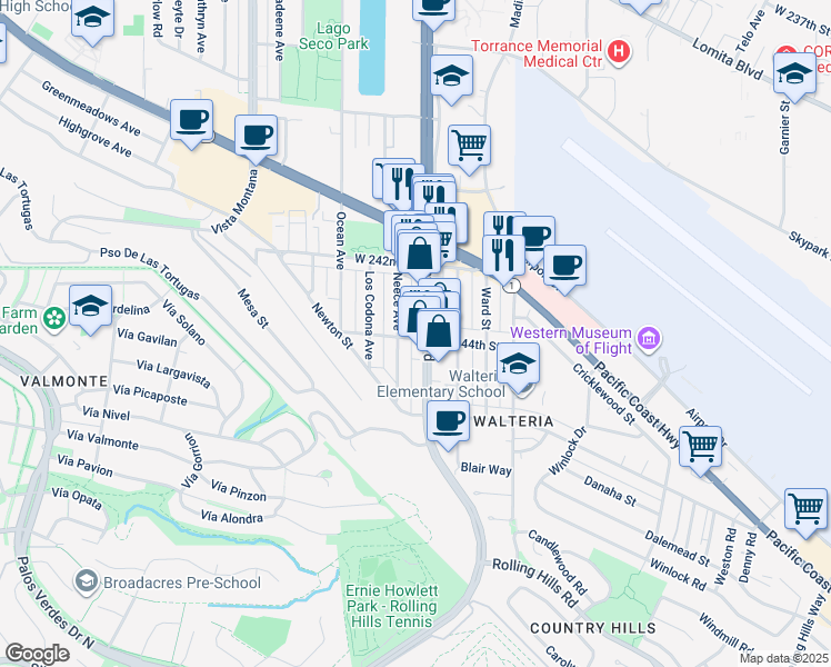 map of restaurants, bars, coffee shops, grocery stores, and more near 3755 West 244th Street in Torrance