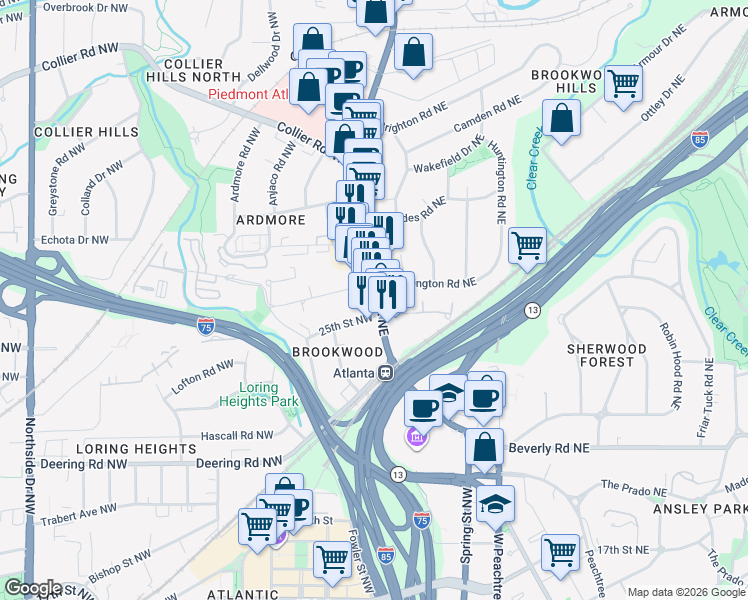 map of restaurants, bars, coffee shops, grocery stores, and more near 1760 Peachtree Street Northwest in Atlanta