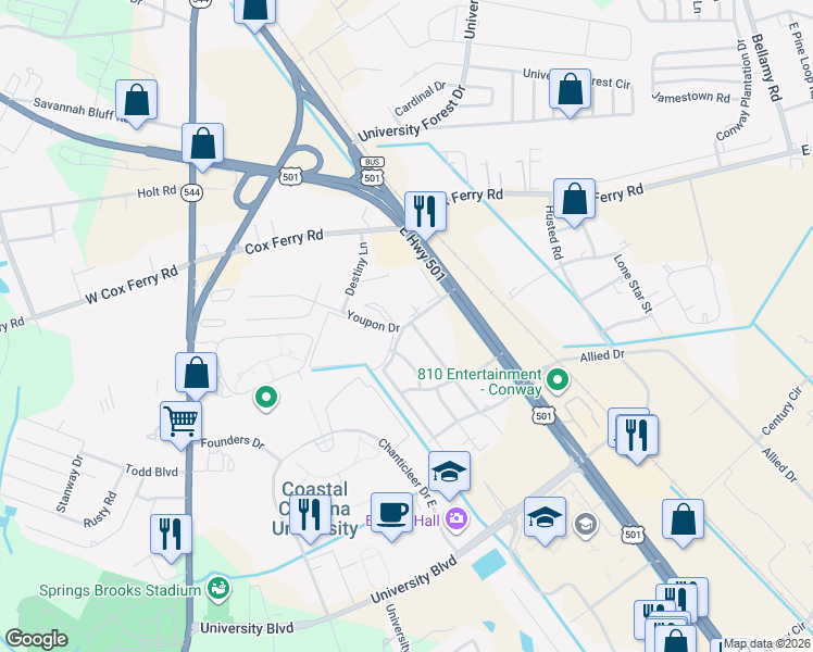 map of restaurants, bars, coffee shops, grocery stores, and more near 120 Carolina Road in Conway