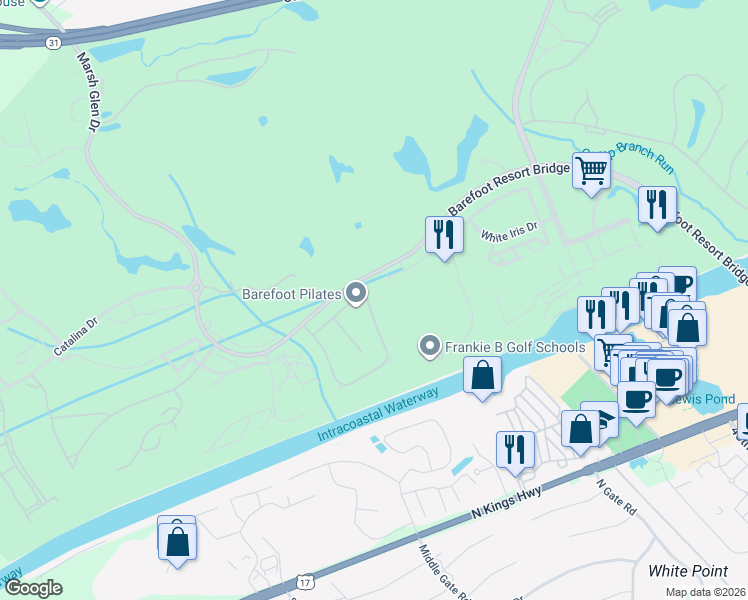 map of restaurants, bars, coffee shops, grocery stores, and more near 2102 Via Palma Drive in North Myrtle Beach