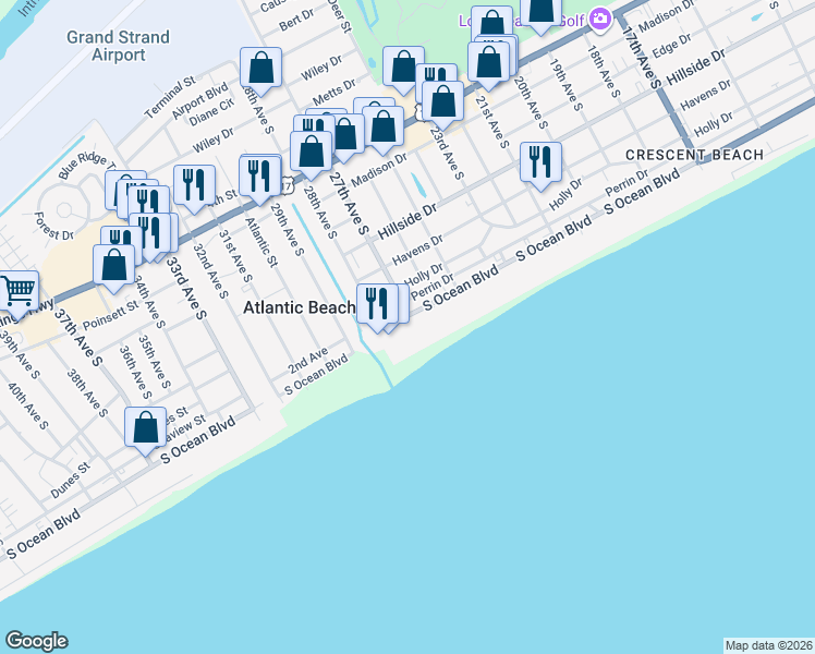 map of restaurants, bars, coffee shops, grocery stores, and more near 2700 South Ocean Boulevard in North Myrtle Beach