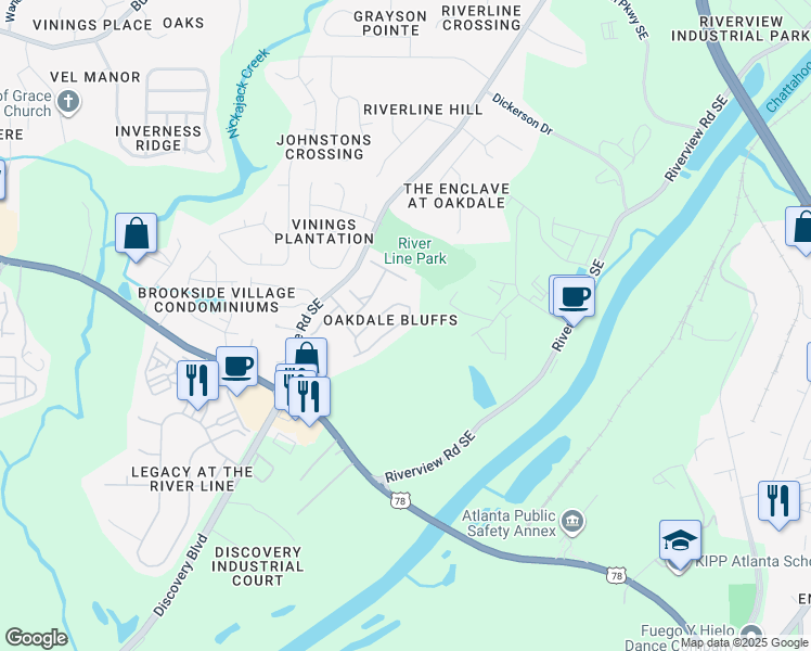 map of restaurants, bars, coffee shops, grocery stores, and more near 6153 Indian Wood Circle in Mableton