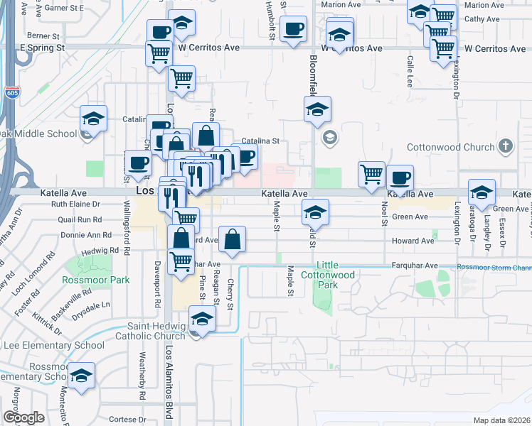 map of restaurants, bars, coffee shops, grocery stores, and more near 3810 Katella Avenue in Los Alamitos