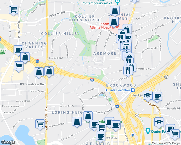 map of restaurants, bars, coffee shops, grocery stores, and more near 276 Semel Circle Northwest in Atlanta