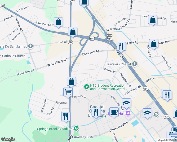 map of restaurants, bars, coffee shops, grocery stores, and more near 1799 Juniper Drive in Conway