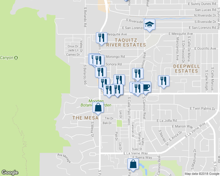 map of restaurants, bars, coffee shops, grocery stores, and more near 1610 South Vía Entrada in Palm Springs
