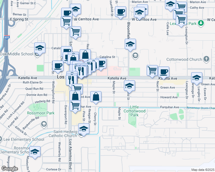 map of restaurants, bars, coffee shops, grocery stores, and more near 3831 Green Avenue in Los Alamitos