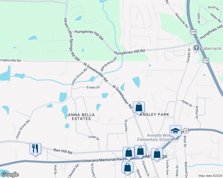map of restaurants, bars, coffee shops, grocery stores, and more near 6270 North Sweetwater Road in Lithia Springs