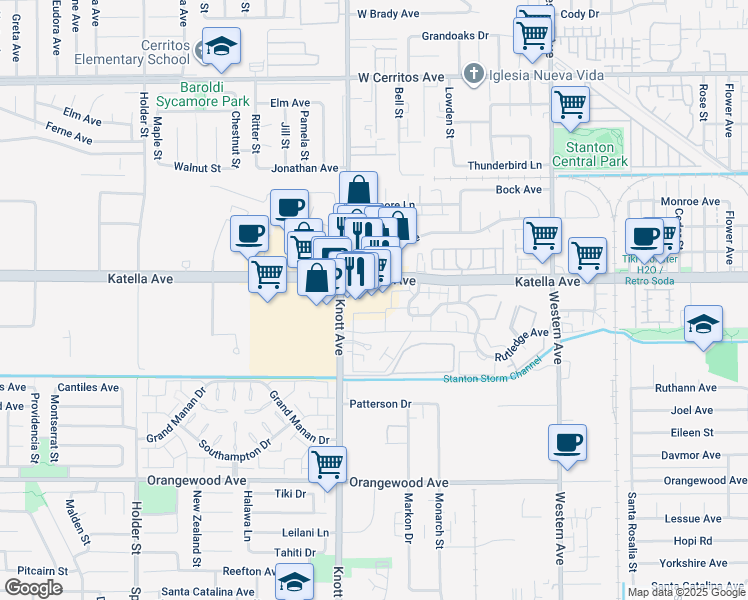 map of restaurants, bars, coffee shops, grocery stores, and more near 7104 Katella Avenue in Stanton