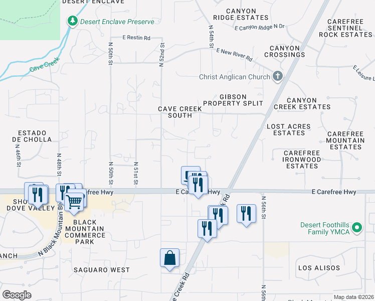 map of restaurants, bars, coffee shops, grocery stores, and more near 41121 North 53rd Street in Cave Creek