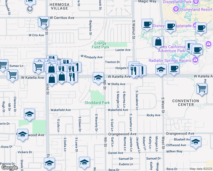 map of restaurants, bars, coffee shops, grocery stores, and more near 1828 9th Street in Anaheim
