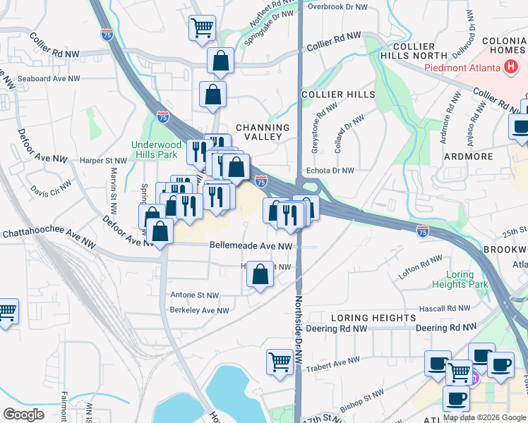 map of restaurants, bars, coffee shops, grocery stores, and more near 1750 Commerce Drive Northwest in Atlanta