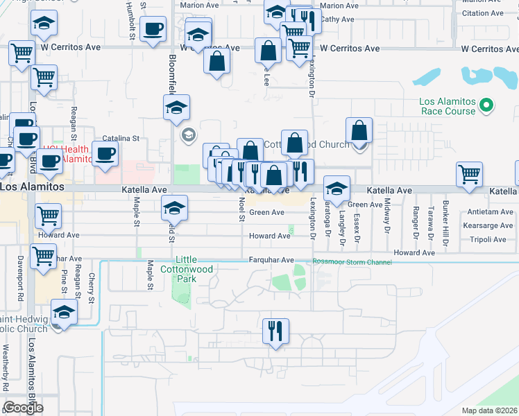 map of restaurants, bars, coffee shops, grocery stores, and more near 4297 Green Avenue in Los Alamitos