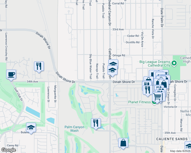 map of restaurants, bars, coffee shops, grocery stores, and more near 33835 Navajo Trail in Cathedral City