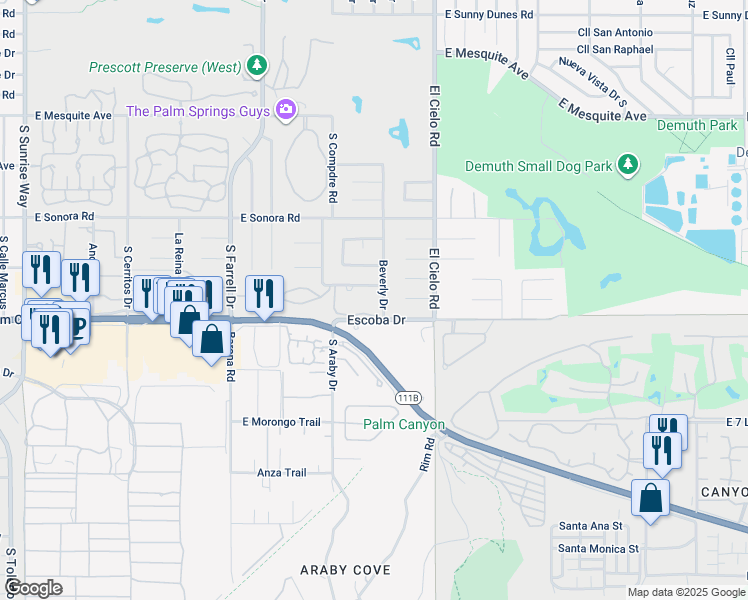 map of restaurants, bars, coffee shops, grocery stores, and more near 2965 East Avery Drive in Palm Springs