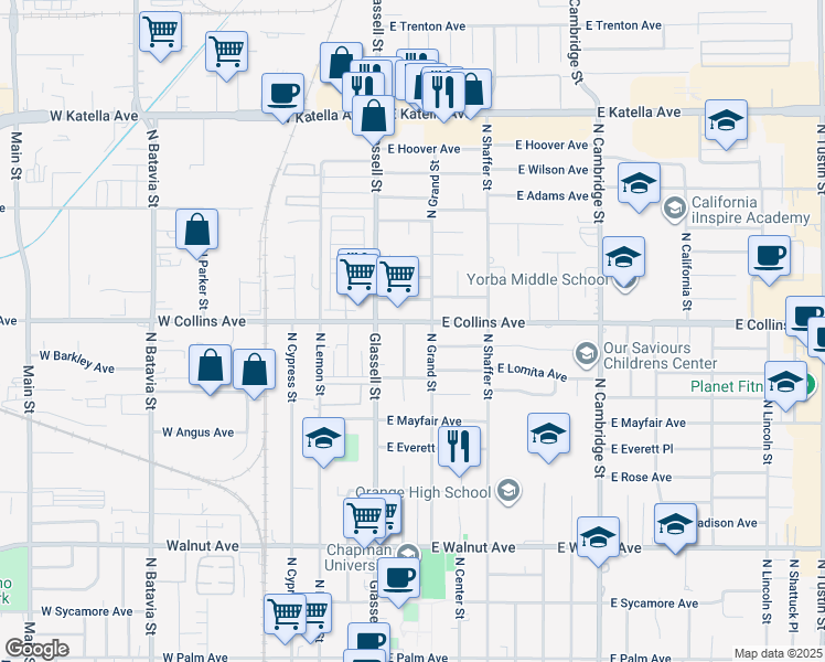 map of restaurants, bars, coffee shops, grocery stores, and more near 205 East Collins Avenue in Orange