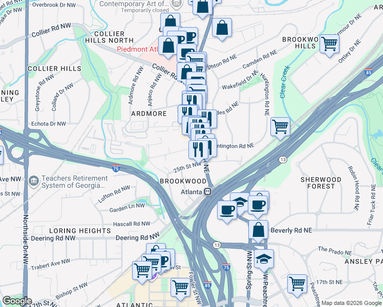 map of restaurants, bars, coffee shops, grocery stores, and more near 25 26th Street Northwest in Atlanta