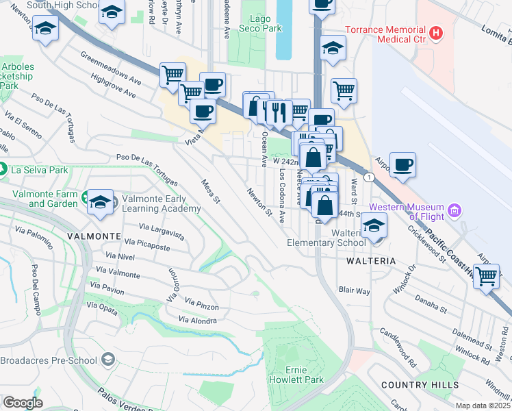 map of restaurants, bars, coffee shops, grocery stores, and more near 3910 Newton Street in Torrance