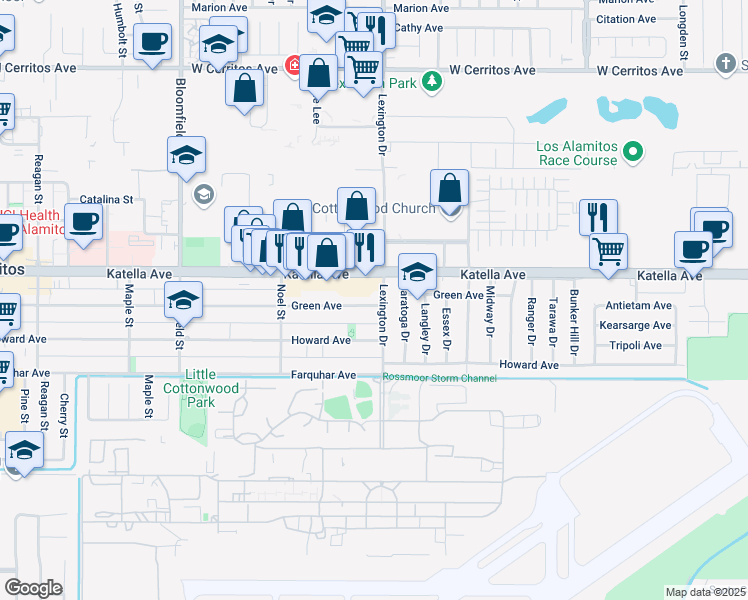 map of restaurants, bars, coffee shops, grocery stores, and more near 4461 Green Avenue in Los Alamitos