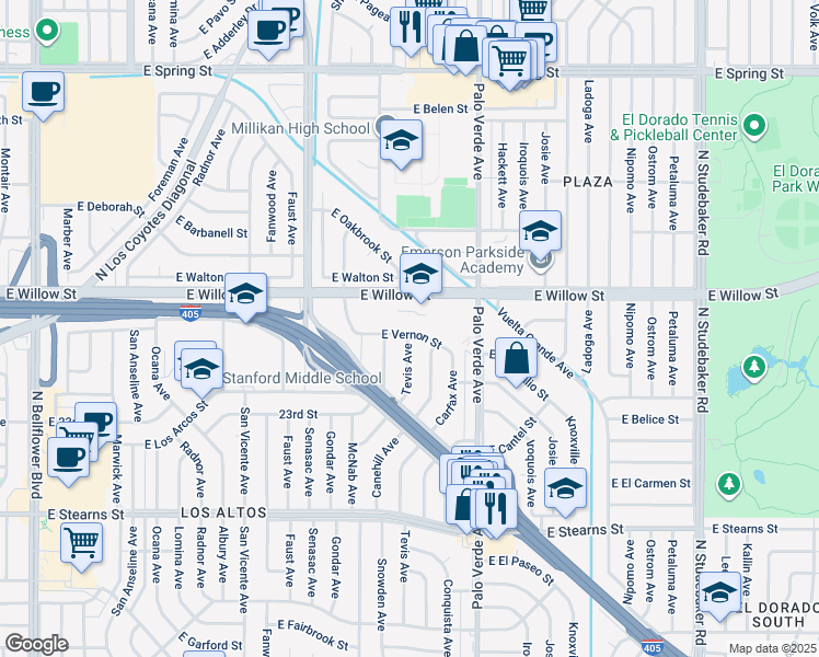 map of restaurants, bars, coffee shops, grocery stores, and more near 6241 East Vernon Street in Long Beach