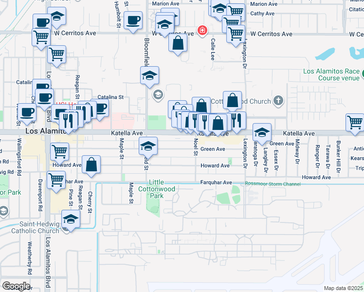 map of restaurants, bars, coffee shops, grocery stores, and more near 4161 Green Avenue in Los Alamitos