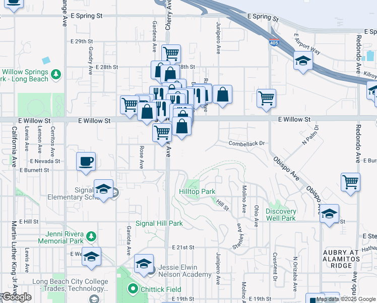 map of restaurants, bars, coffee shops, grocery stores, and more near 2450 Cherry Avenue in Signal Hill