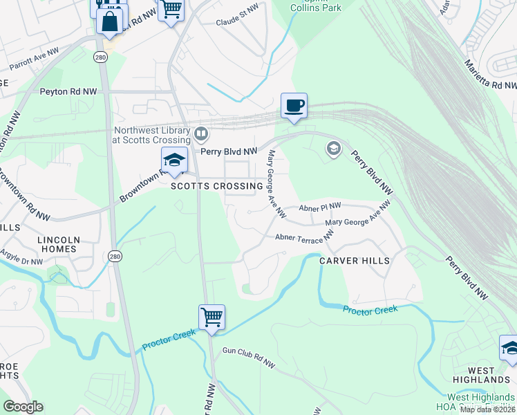 map of restaurants, bars, coffee shops, grocery stores, and more near 1689 Abner Court Northwest in Atlanta