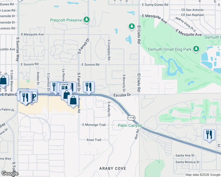 map of restaurants, bars, coffee shops, grocery stores, and more near 1592 South Compadre Road in Palm Springs