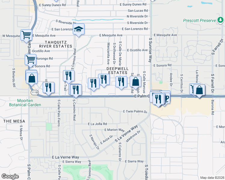 map of restaurants, bars, coffee shops, grocery stores, and more near 1690 South Calle Palo Fierro in Palm Springs