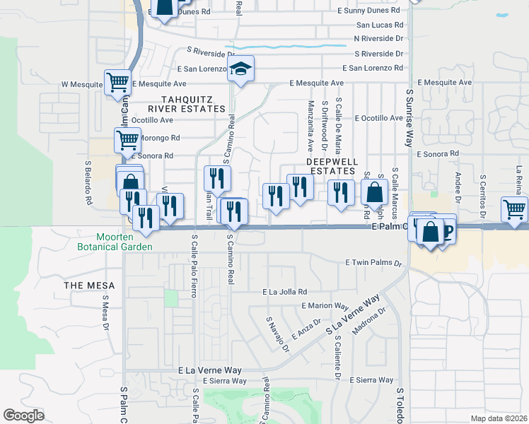map of restaurants, bars, coffee shops, grocery stores, and more near 1025 East Suntan Lane in Palm Springs