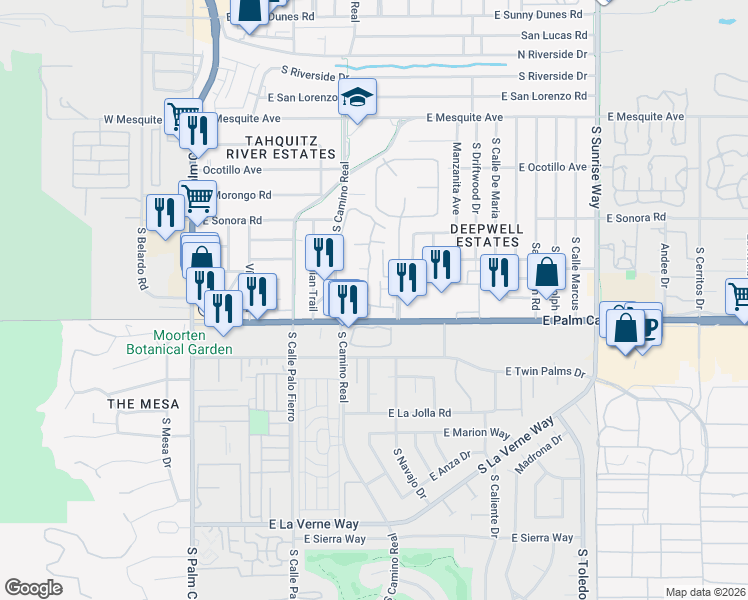 map of restaurants, bars, coffee shops, grocery stores, and more near 1550 South Camino Real in Palm Springs