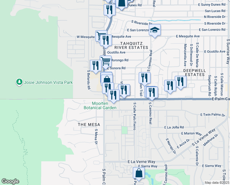 map of restaurants, bars, coffee shops, grocery stores, and more near 1634 South Vía Entrada in Palm Springs