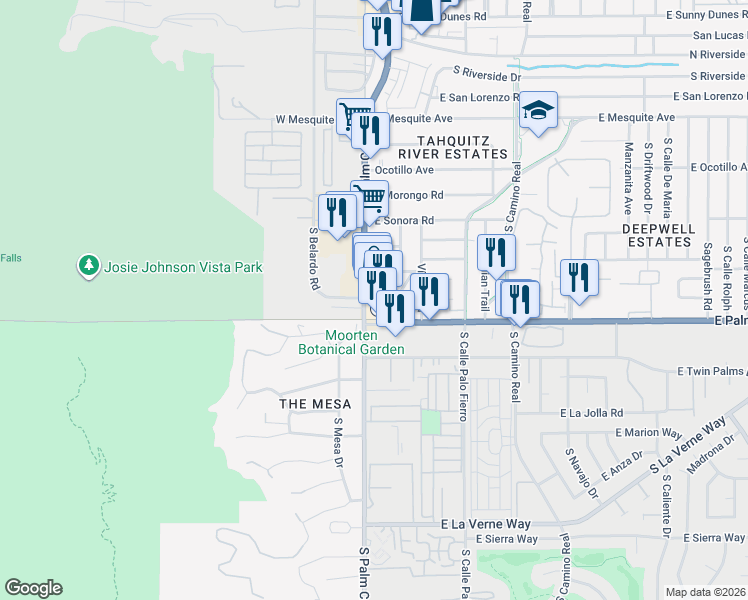 map of restaurants, bars, coffee shops, grocery stores, and more near 152 East Palm Canyon Drive in Palm Springs