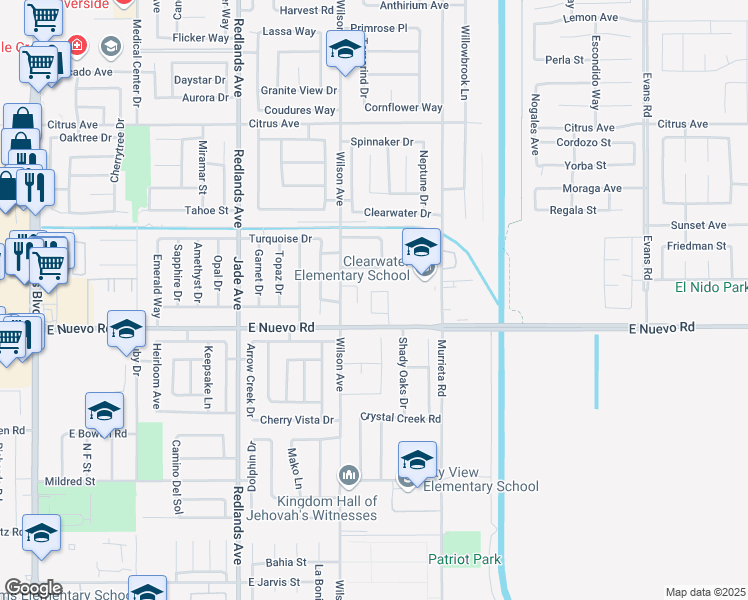 map of restaurants, bars, coffee shops, grocery stores, and more near 650 Catamaran Way in Perris