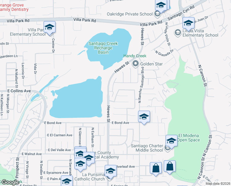 map of restaurants, bars, coffee shops, grocery stores, and more near 4621 East Swallow Avenue in Orange