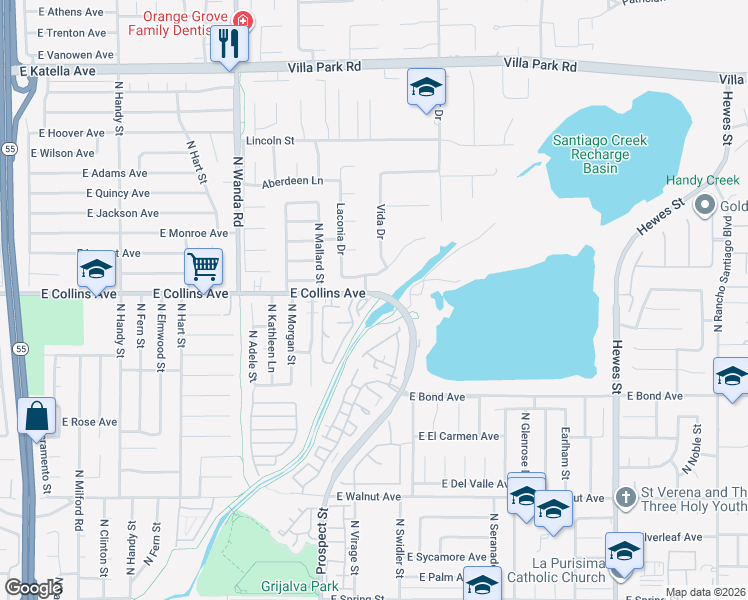 map of restaurants, bars, coffee shops, grocery stores, and more near 18161 Fernando Circle in Villa Park