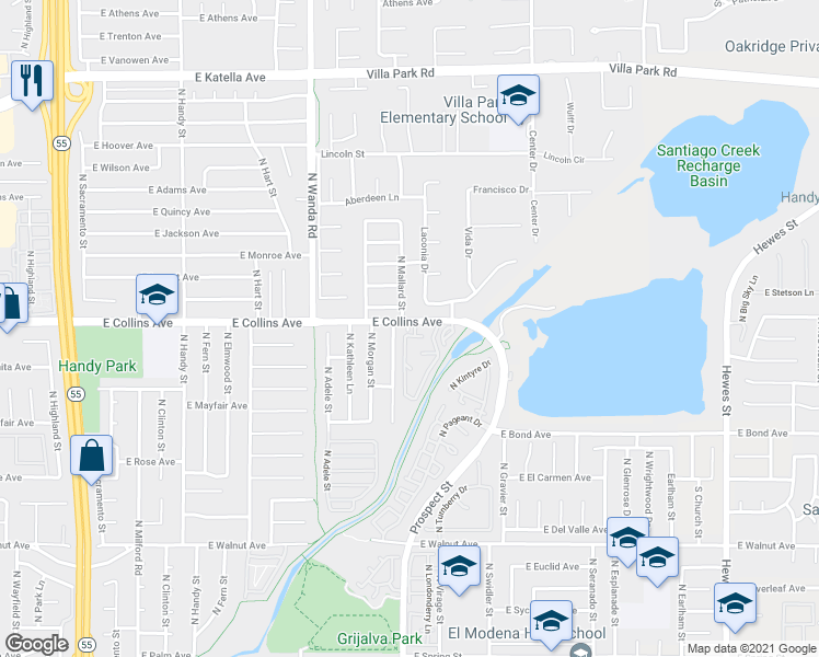 map of restaurants, bars, coffee shops, grocery stores, and more near 18091 Fernando Circle in Villa Park