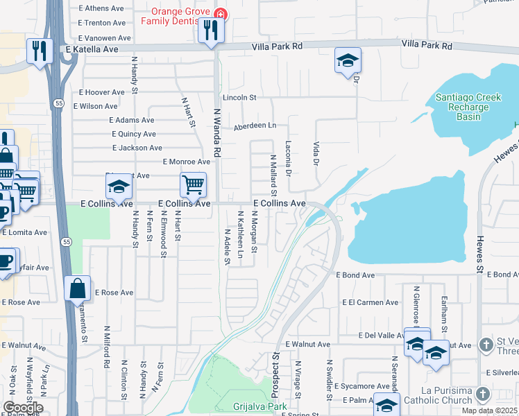 map of restaurants, bars, coffee shops, grocery stores, and more near 3206 East Juniper Avenue in Orange