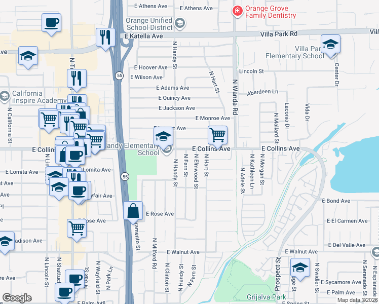 map of restaurants, bars, coffee shops, grocery stores, and more near 2517 East Collins Avenue in Orange