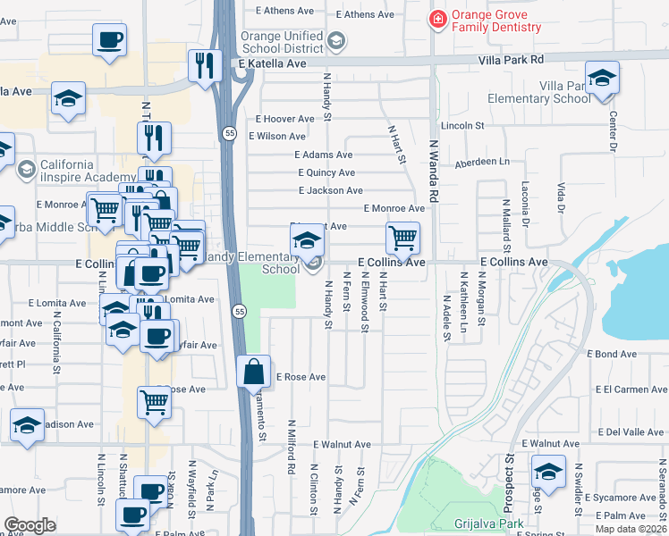 map of restaurants, bars, coffee shops, grocery stores, and more near 2517 East Collins Avenue in Orange