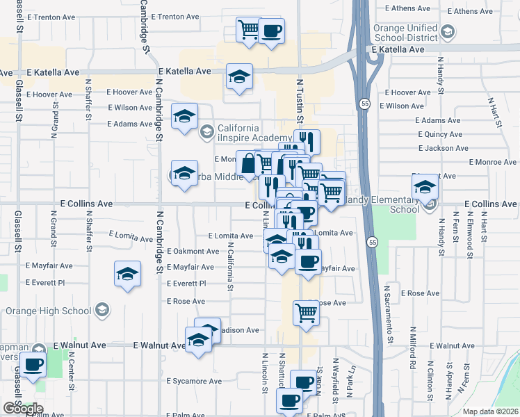 map of restaurants, bars, coffee shops, grocery stores, and more near 900-1004 N Lincoln St in Orange