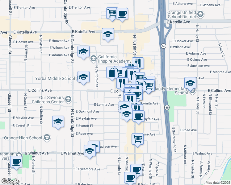 map of restaurants, bars, coffee shops, grocery stores, and more near 1409 East Collins Avenue in Orange