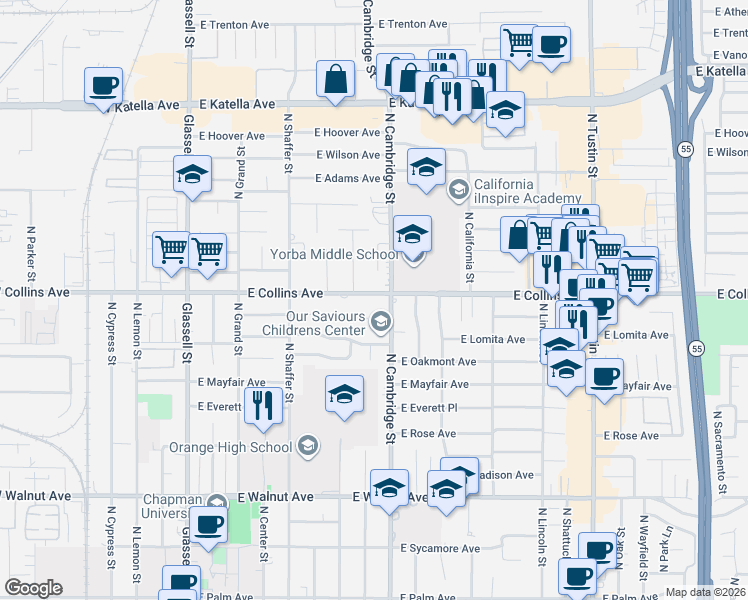 map of restaurants, bars, coffee shops, grocery stores, and more near 841 East Collins Avenue in Orange