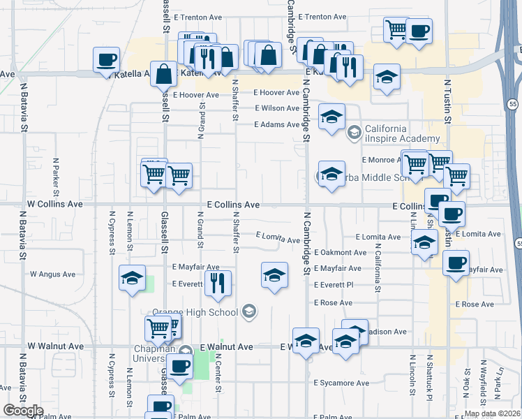 map of restaurants, bars, coffee shops, grocery stores, and more near 908 North Cleveland Street in Orange