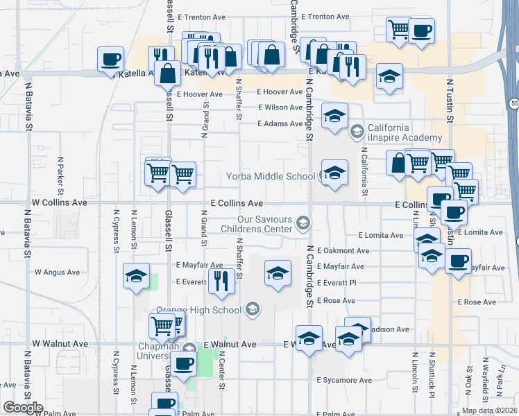 map of restaurants, bars, coffee shops, grocery stores, and more near 908 North Cleveland Street in Orange
