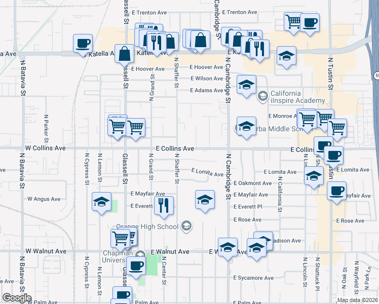 map of restaurants, bars, coffee shops, grocery stores, and more near 908 North Cleveland Street in Orange
