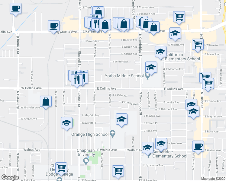 map of restaurants, bars, coffee shops, grocery stores, and more near 495 East Collins Avenue in Orange