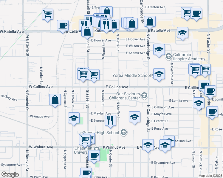 map of restaurants, bars, coffee shops, grocery stores, and more near 495 East Collins Avenue in Orange