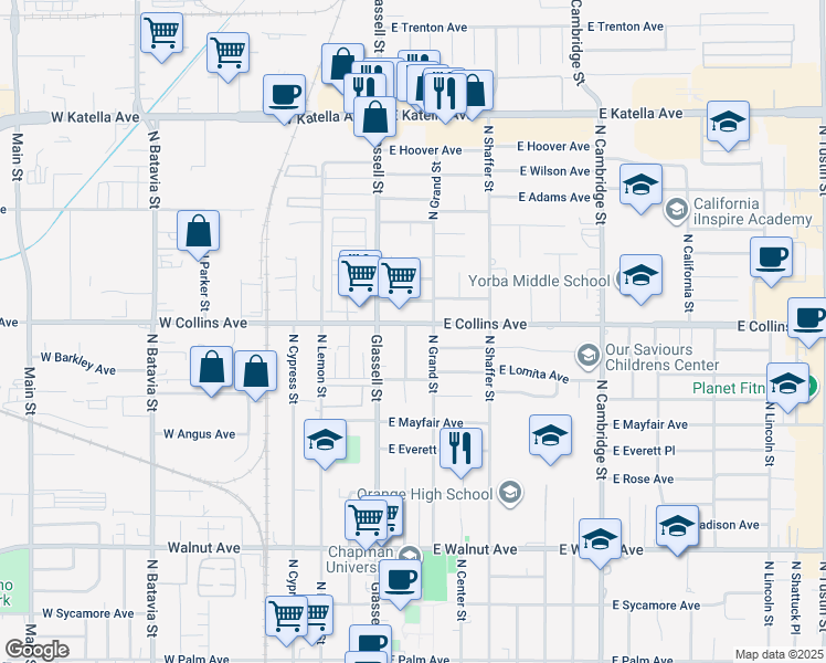 map of restaurants, bars, coffee shops, grocery stores, and more near 205 East Collins Avenue in Orange