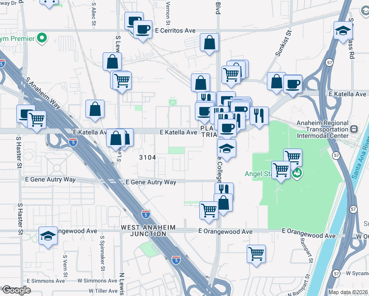 map of restaurants, bars, coffee shops, grocery stores, and more near 1532 East Katella Avenue in Anaheim